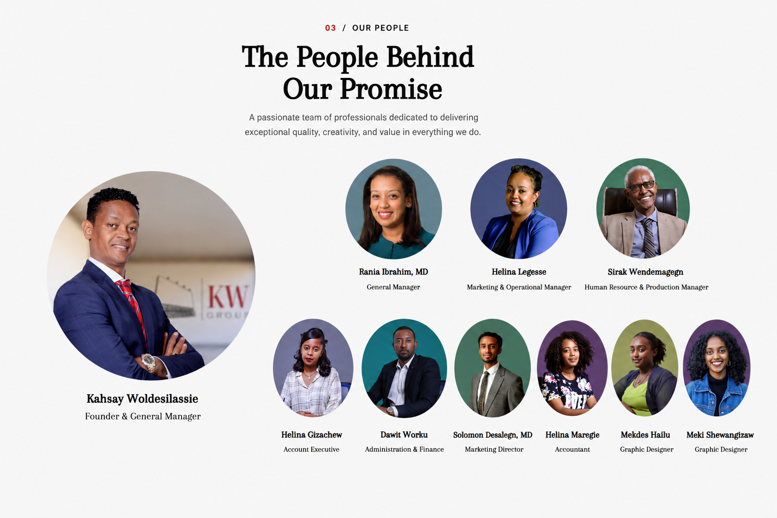 Our People Behind Our Promise — Kahsay Woldesilassie, Rania Ibrahim, Helina Legesse, Sirak Wendemagegn, Helina Gizachew, Dawit Worku, Solomon Desalegn, Helina Maregie, Mekdes Hailu and Meki Shewangizaw with their roles.